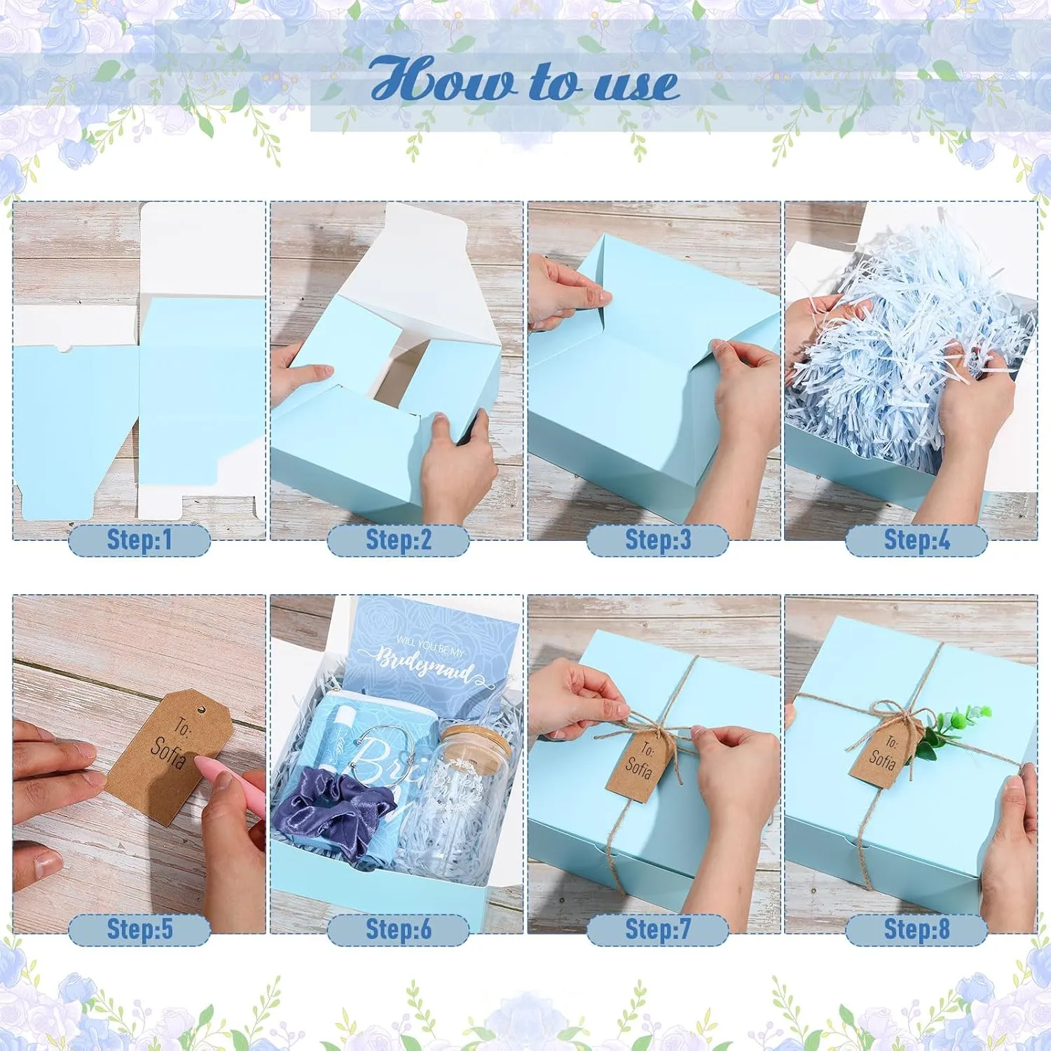 Meanplan 12 Pcs Bridesmaid Proposal Gifts, Will You Be My Bridesmaids Gifts with Proposal Box Glass Cup Makeup Bag Card Lip Balm Hand Cream Candle Scrunchies Bracelets Diamond Pen(Blue)