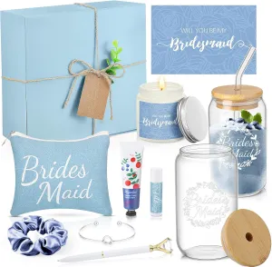 Meanplan 12 Pcs Bridesmaid Proposal Gifts, Will You Be My Bridesmaids Gifts with Proposal Box Glass Cup Makeup Bag Card Lip Balm Hand Cream Candle Scrunchies Bracelets Diamond Pen(Blue)