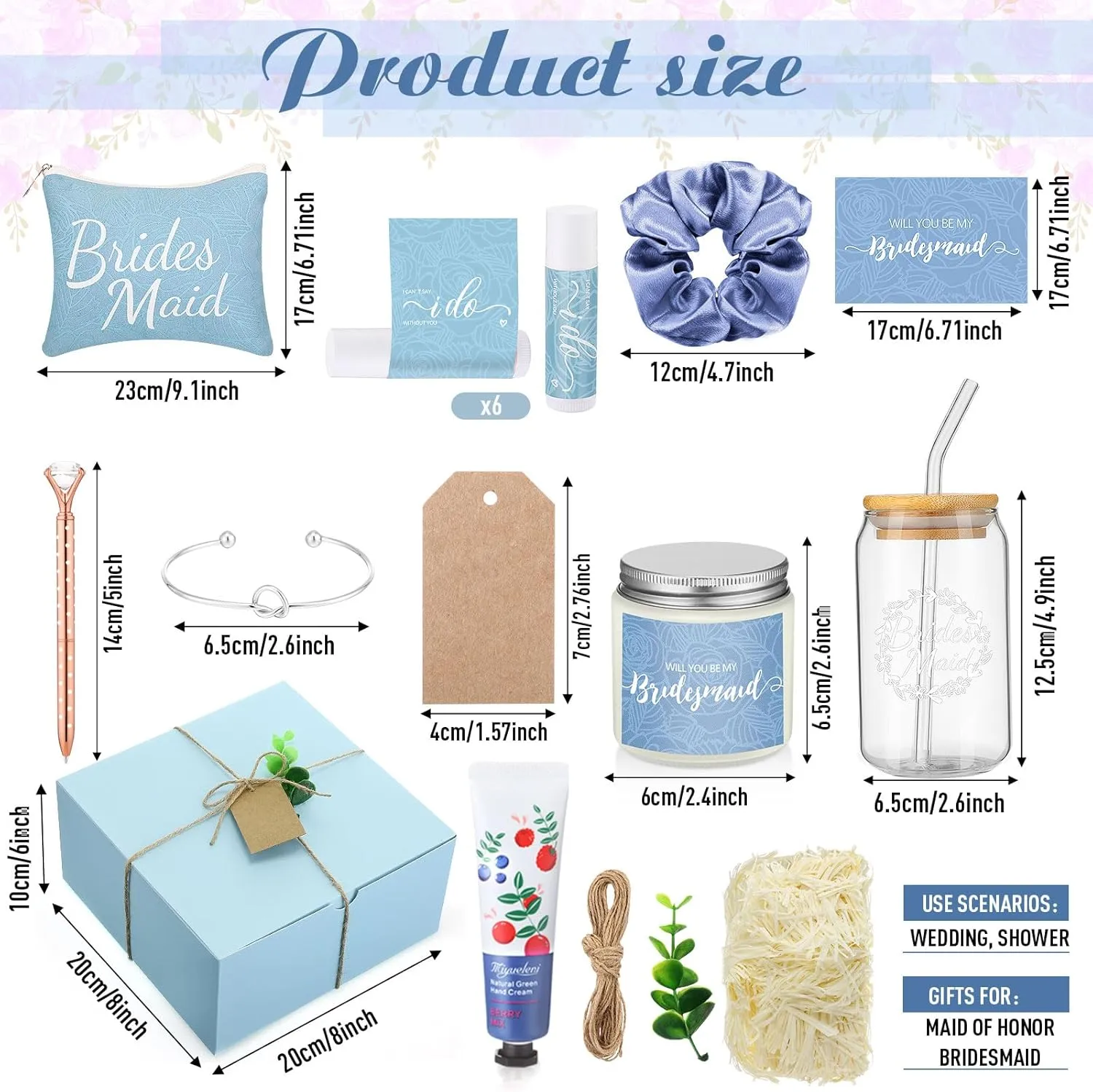 Meanplan 12 Pcs Bridesmaid Proposal Gifts, Will You Be My Bridesmaids Gifts with Proposal Box Glass Cup Makeup Bag Card Lip Balm Hand Cream Candle Scrunchies Bracelets Diamond Pen(Blue)