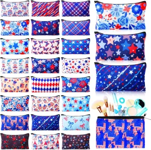 Meanplan 24 Pcs Patriotic Cosmetic Bags 4th of July Makeup Bags Toiletry Pouch with Zipper Travel Cosmetic Organizer for Independence Day Gift Women Girls 24 Styles