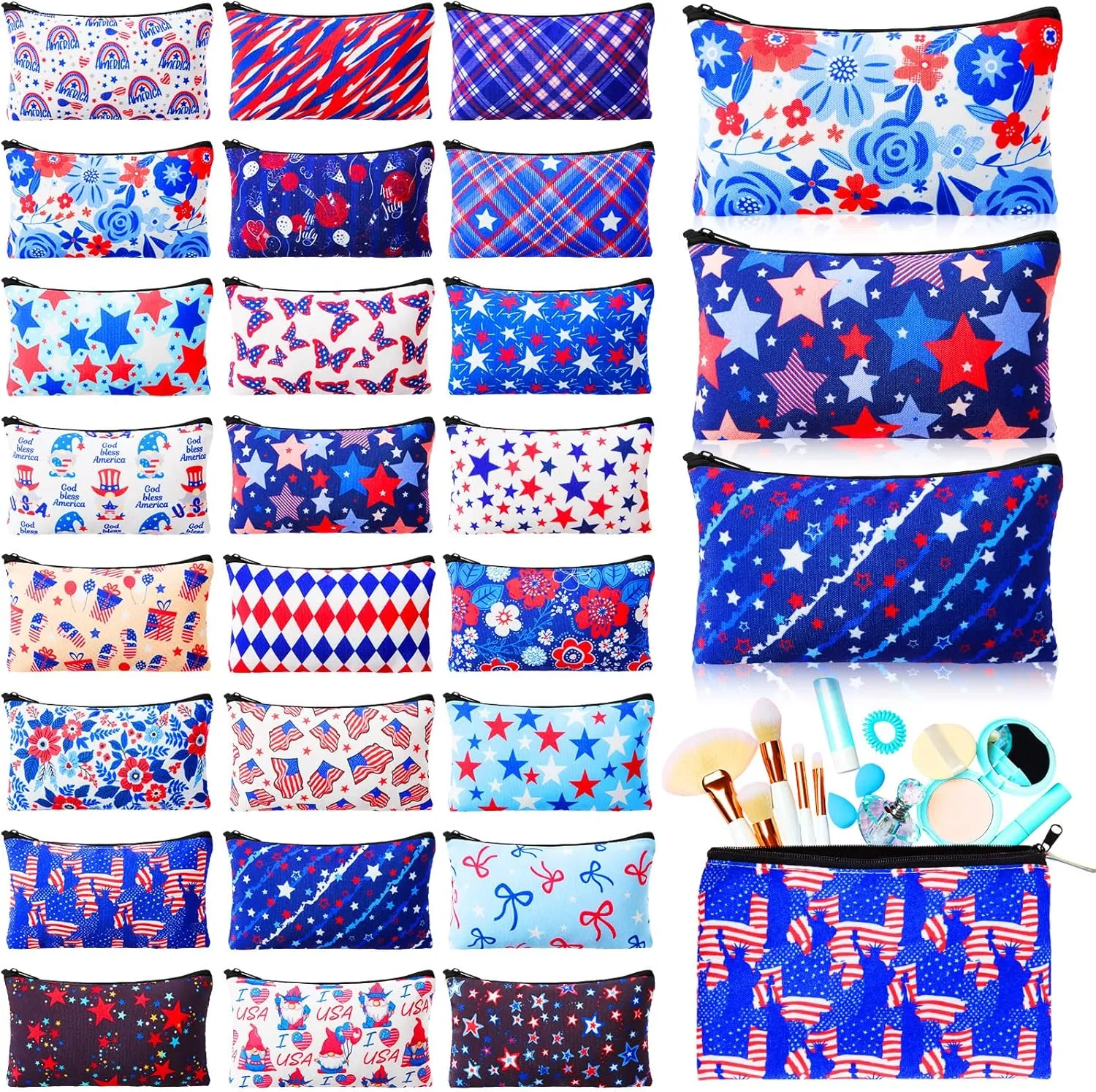 Meanplan 24 Pcs Patriotic Cosmetic Bags 4th of July Makeup Bags Toiletry Pouch with Zipper Travel Cosmetic Organizer for Independence Day Gift Women Girls 24 Styles