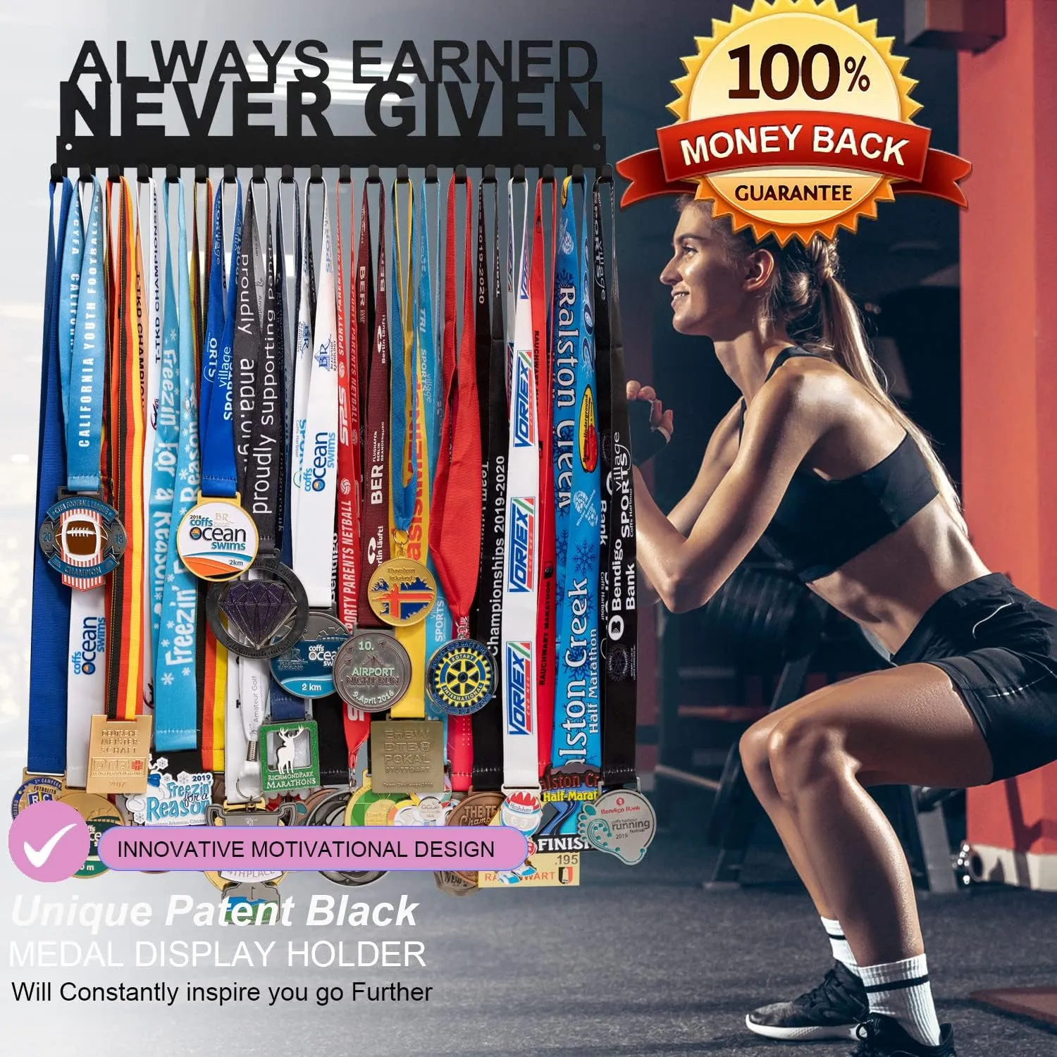 Medal Hanger Display - Personalized Medal Wall Hanger for Sport Race Runner Sturdy Black Steel Metal Over 60 Medals Easy to Install