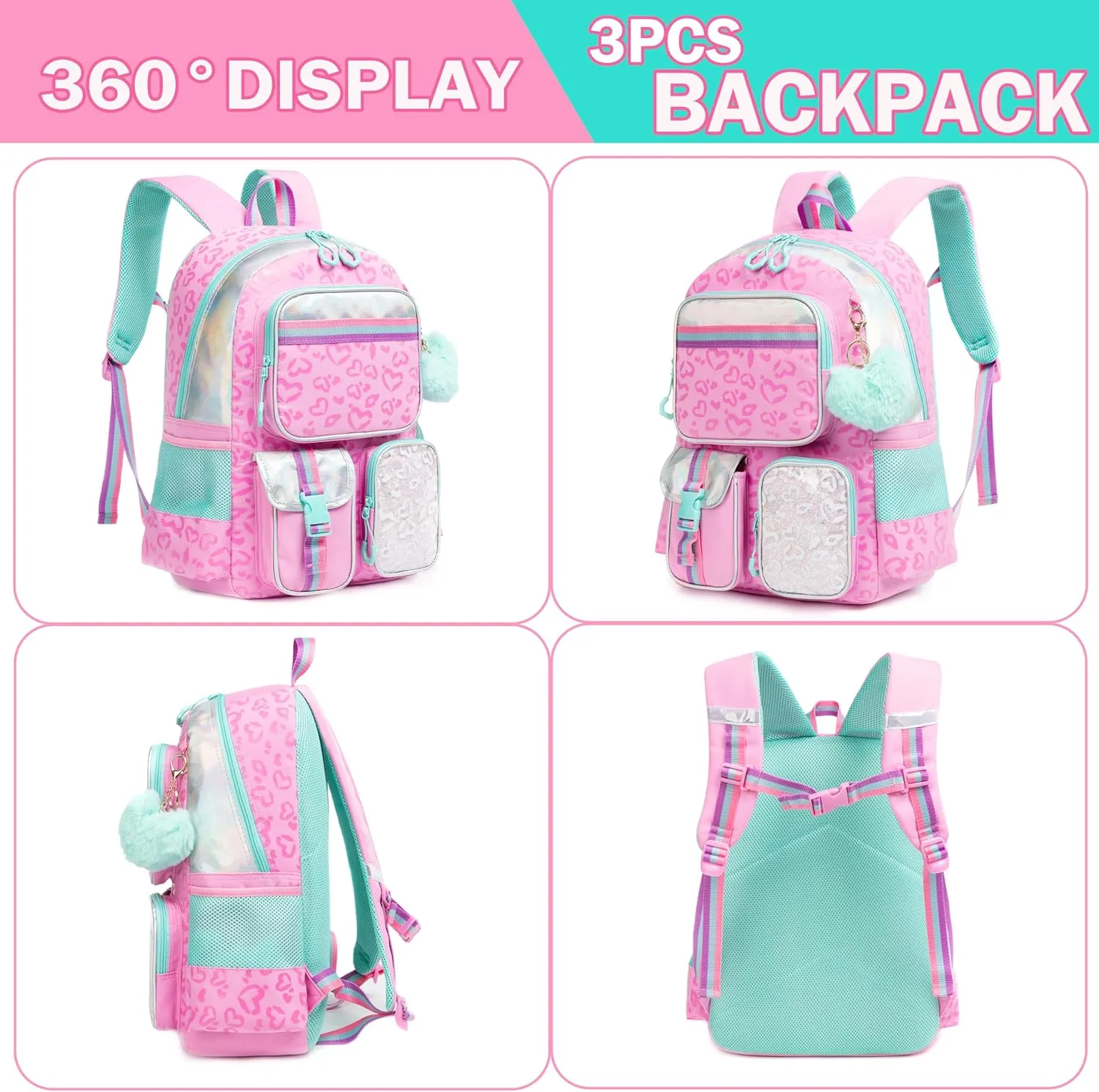 Meetbelify Pink Backpack for Girls School Backpack Aesthetic Backpack with Lunch Box for Elementary Student Teen Girls Cute School Bag Kids Bookbag for Girls 8-10