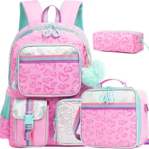 Meetbelify Pink Backpack for Girls School Backpack Aesthetic Backpack with Lunch Box for Elementary Student Teen Girls Cute School Bag Kids Bookbag for Girls 8-10