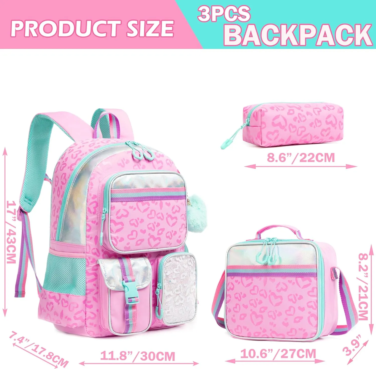 Meetbelify Pink Backpack for Girls School Backpack Aesthetic Backpack with Lunch Box for Elementary Student Teen Girls Cute School Bag Kids Bookbag for Girls 8-10