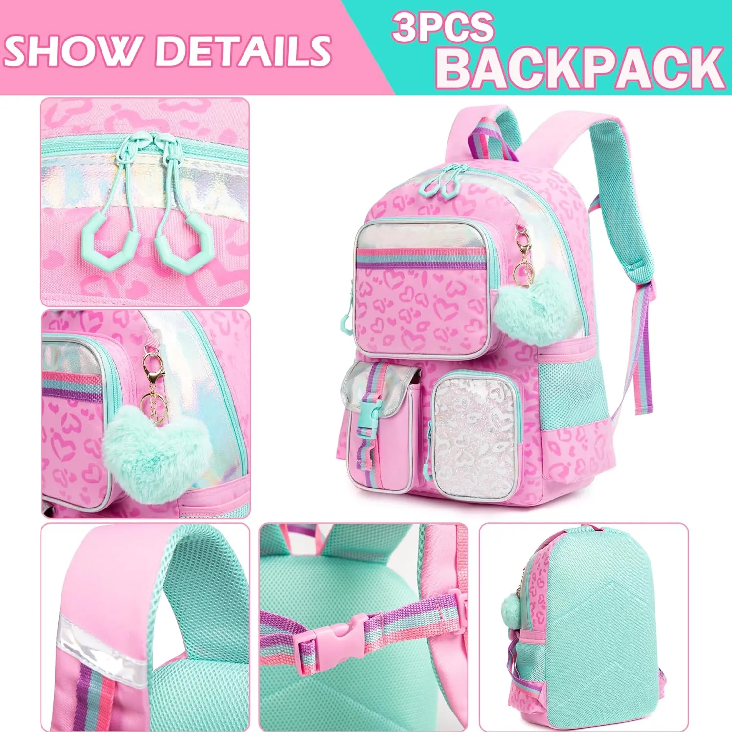 Meetbelify Pink Backpack for Girls School Backpack Aesthetic Backpack with Lunch Box for Elementary Student Teen Girls Cute School Bag Kids Bookbag for Girls 8-10