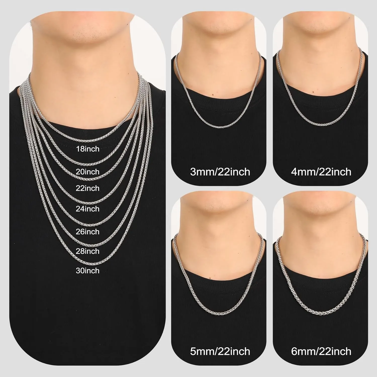 MeMeDIY 3 Pcs Chain Necklace for Men 3mm-6mm Stainless Steel Chains Gold Chain for Men Black Silver Wheat Chains 18"/20"/22"/24"/26"/28"/30 Inches