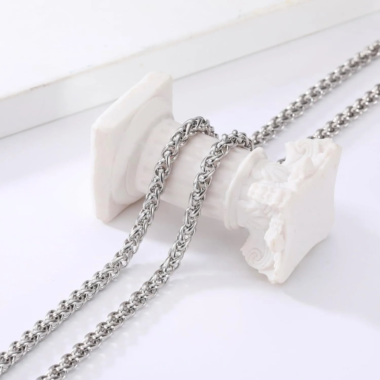 MeMeDIY 3 Pcs Chain Necklace for Men 3mm-6mm Stainless Steel Chains Gold Chain for Men Black Silver Wheat Chains 18"/20"/22"/24"/26"/28"/30 Inches