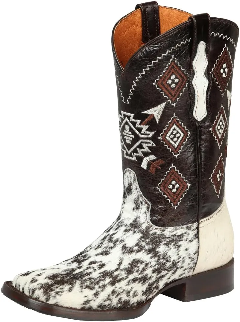 Men's Cowboy Western Rodeo Boots Hair Cowhide Square Toe White/Brown