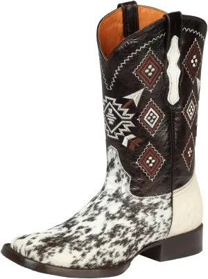 Men's Cowboy Western Rodeo Boots Hair Cowhide Square Toe White/Brown