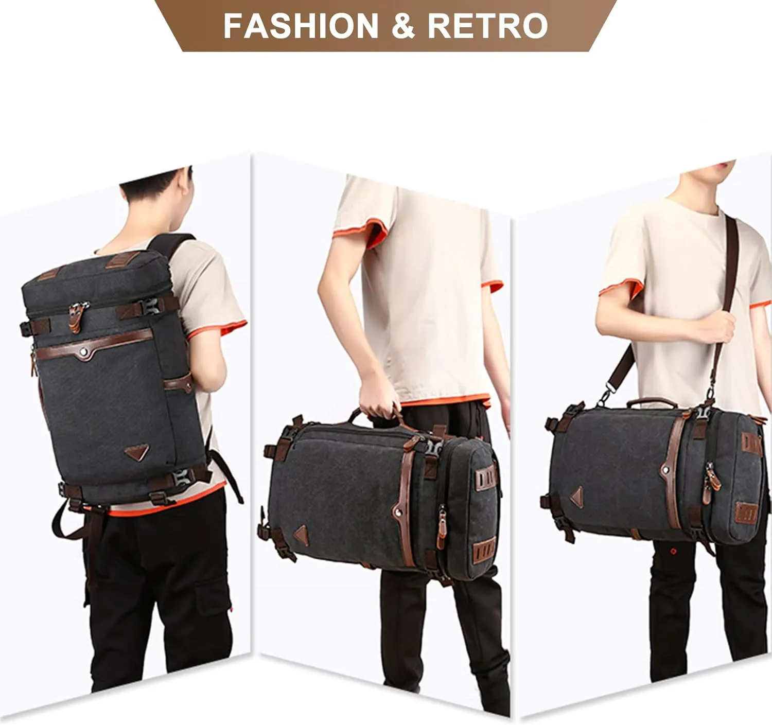 Men's Vintage Backpack Convertible Travel Duffel Bags Canvas Large Capacity Shoulder Bag for Climbing Camping (Black)