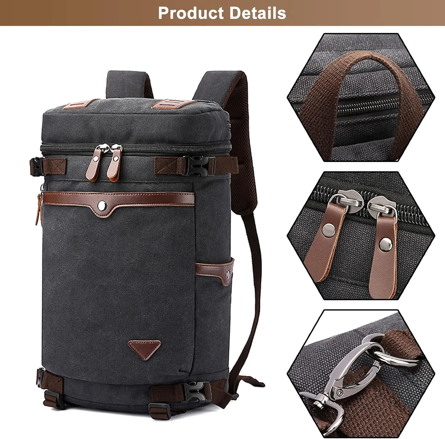 Men's Vintage Backpack Convertible Travel Duffel Bags Canvas Large Capacity Shoulder Bag for Climbing Camping (Black)
