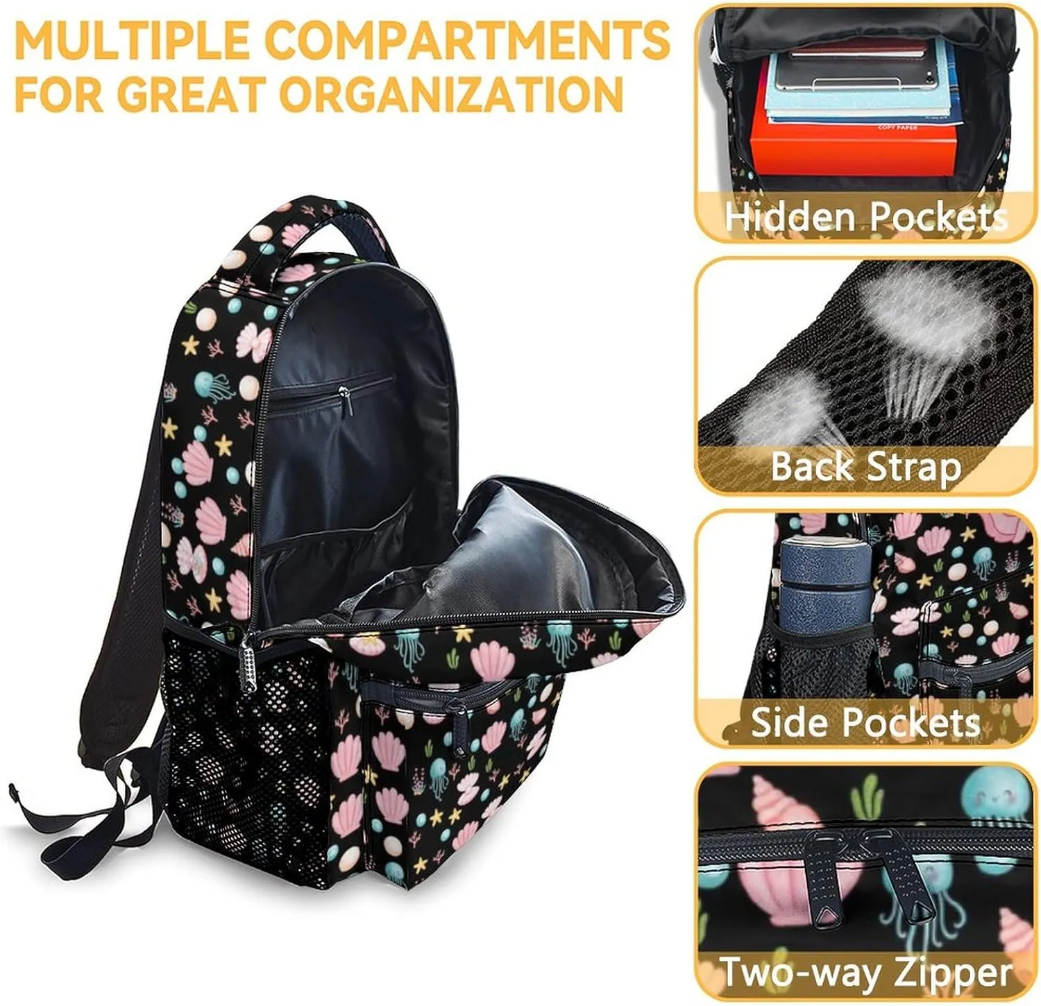 Mercuryelf Axolotl Backpack for Girls, 16 Inch Black Backpacks for School Travel, Cute Lightweight Bookbag for Kids