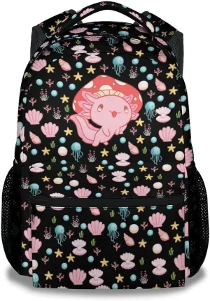 Mercuryelf Axolotl Backpack for Girls, 16 Inch Black Backpacks for School Travel, Cute Lightweight Bookbag for Kids