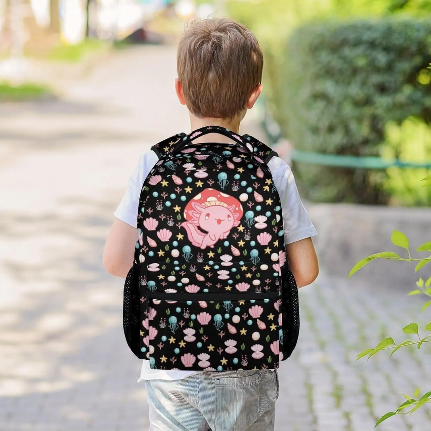 Mercuryelf Axolotl Backpack for Girls, 16 Inch Black Backpacks for School Travel, Cute Lightweight Bookbag for Kids