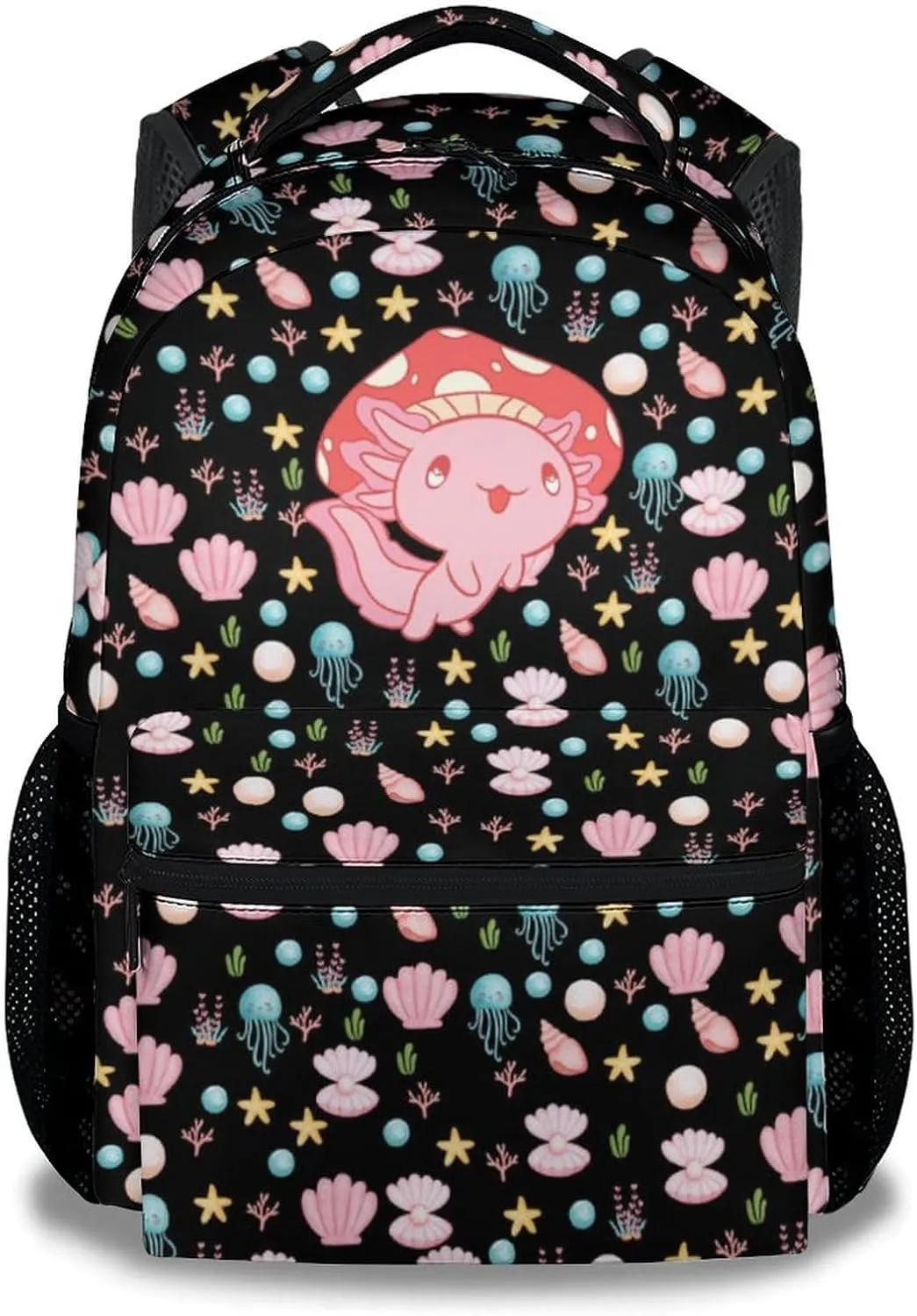 Mercuryelf Axolotl Backpack for Girls, 16 Inch Black Backpacks for School Travel, Cute Lightweight Bookbag for Kids