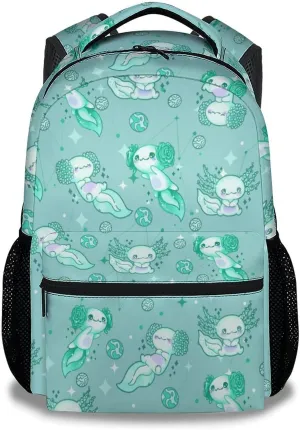 Mercuryelf Axolotl Backpack for Girls, 16 Inch Emerald Green Backpacks for School Travel, Cute Lightweight Bookbag for Kids