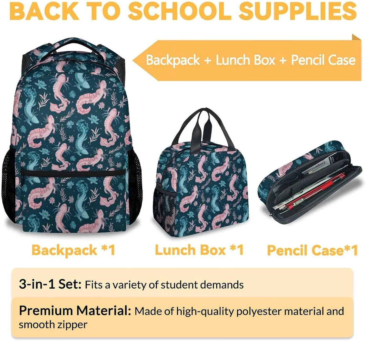 Mercuryelf Axolotl Girls Boys Backpack with Lunch Box Set, 3 in 1 School Travel Backpacks Matching Combo, Fashion Dark Blue Bookbag and Pencil Case Bundle