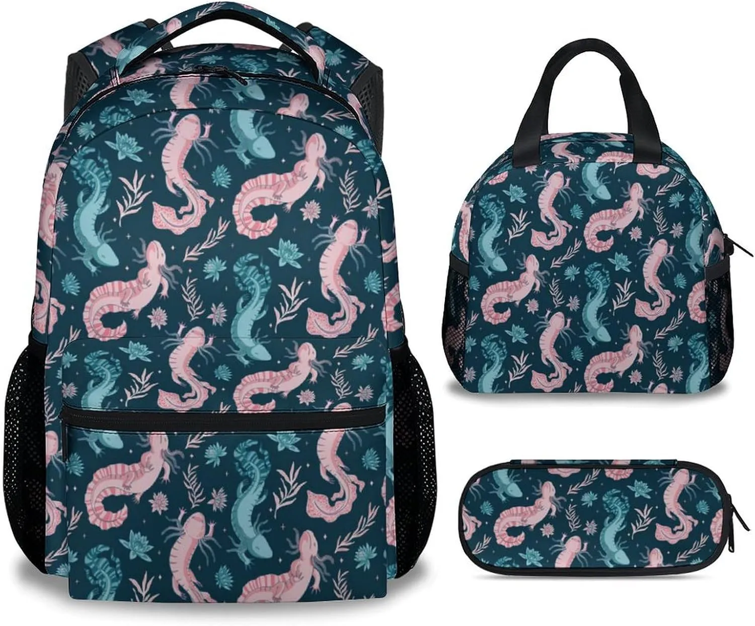 Mercuryelf Axolotl Girls Boys Backpack with Lunch Box Set, 3 in 1 School Travel Backpacks Matching Combo, Fashion Dark Blue Bookbag and Pencil Case Bundle