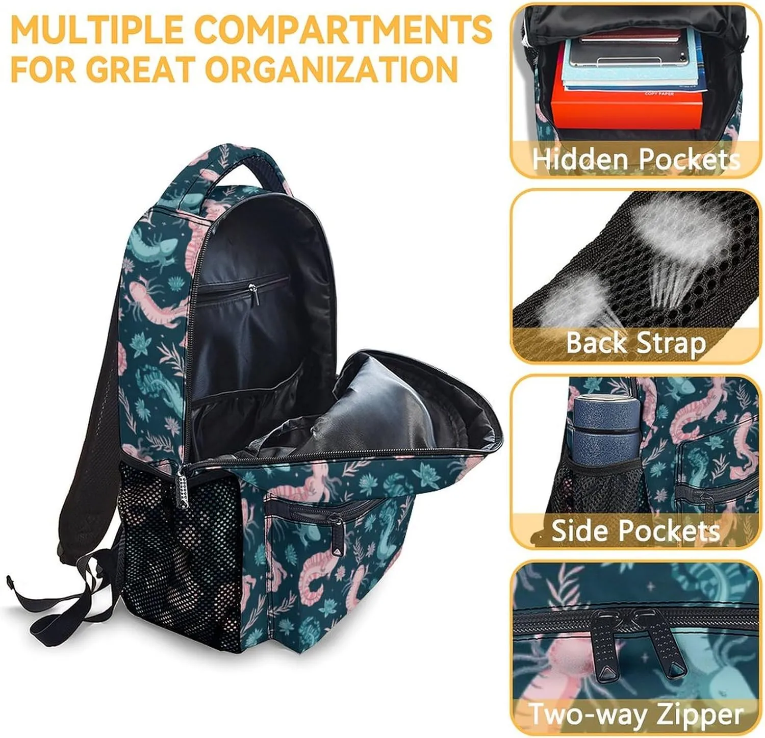 Mercuryelf Axolotl Girls Boys Backpack with Lunch Box Set, 3 in 1 School Travel Backpacks Matching Combo, Fashion Dark Blue Bookbag and Pencil Case Bundle