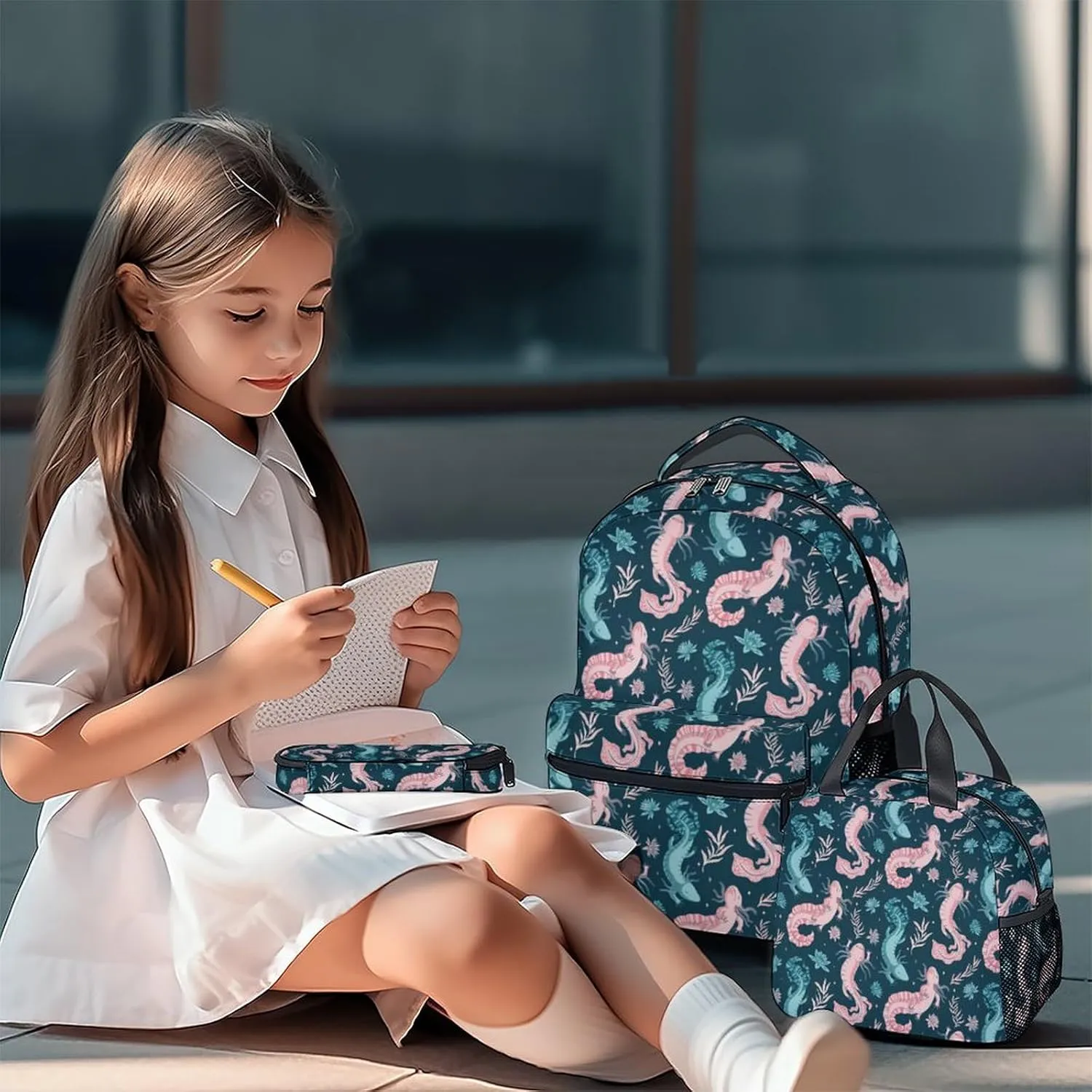 Mercuryelf Axolotl Girls Boys Backpack with Lunch Box Set, 3 in 1 School Travel Backpacks Matching Combo, Fashion Dark Blue Bookbag and Pencil Case Bundle