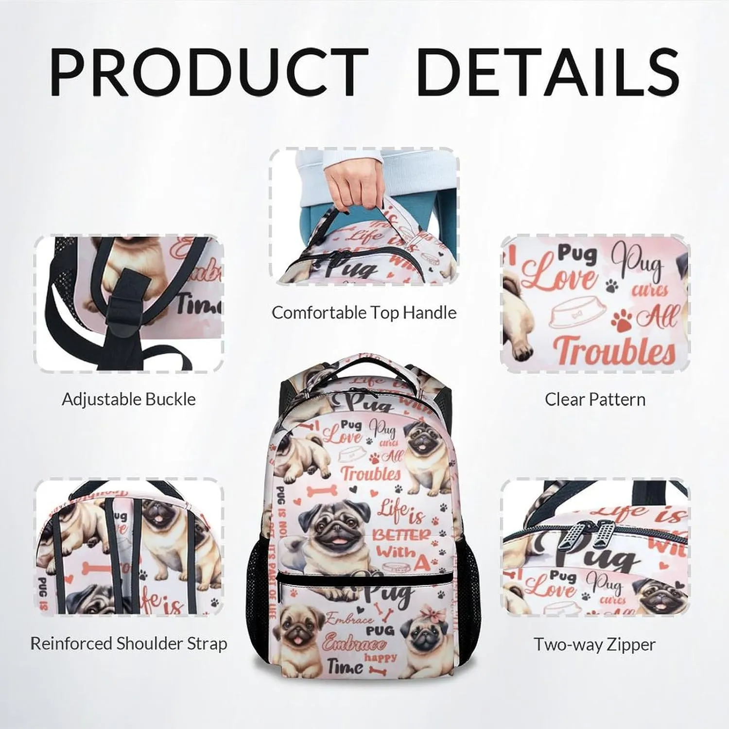 Mercuryelf Backpack for Girls - 17 Inch Pug Backpacks for School - Cute Dog Bookbag for Teen Boys - Lightweight Durable School Bag