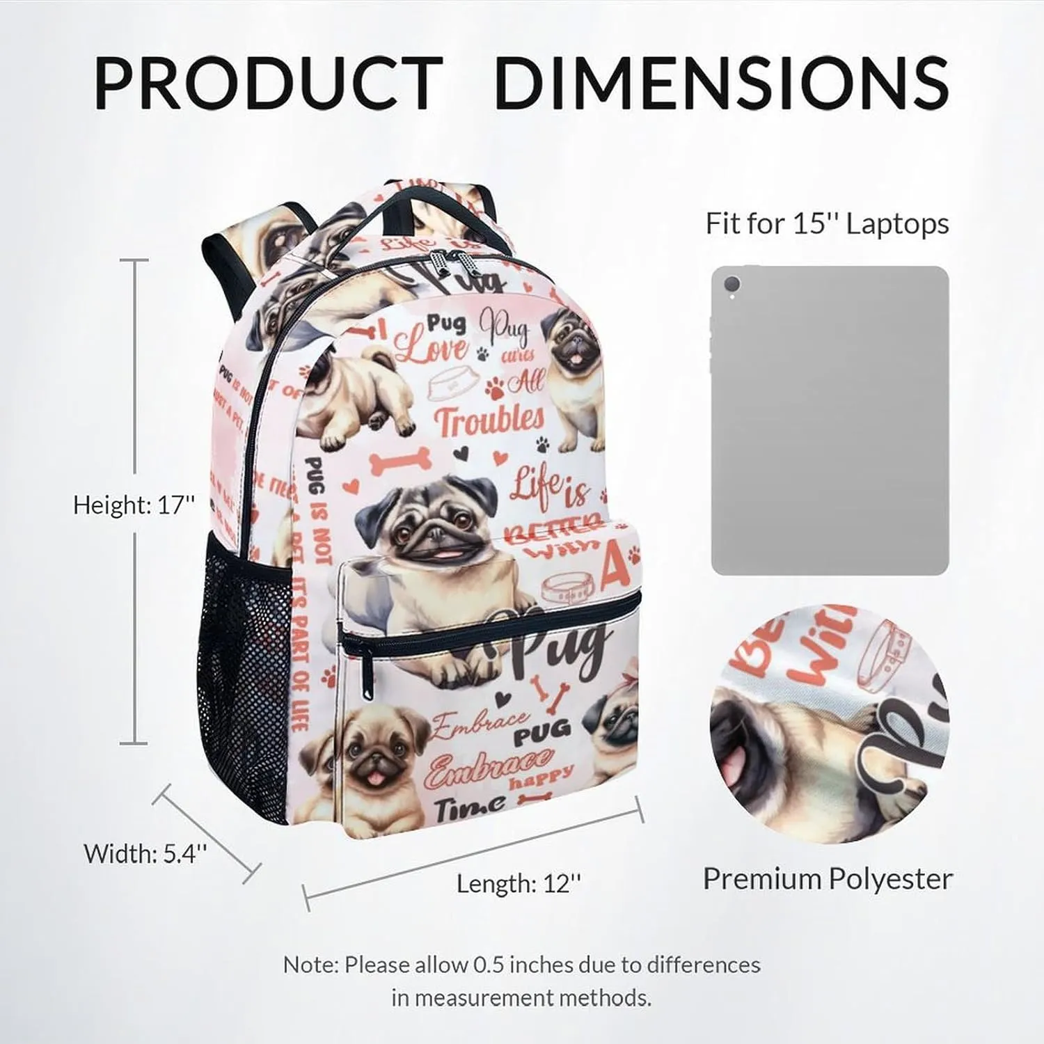 Mercuryelf Backpack for Girls - 17 Inch Pug Backpacks for School - Cute Dog Bookbag for Teen Boys - Lightweight Durable School Bag