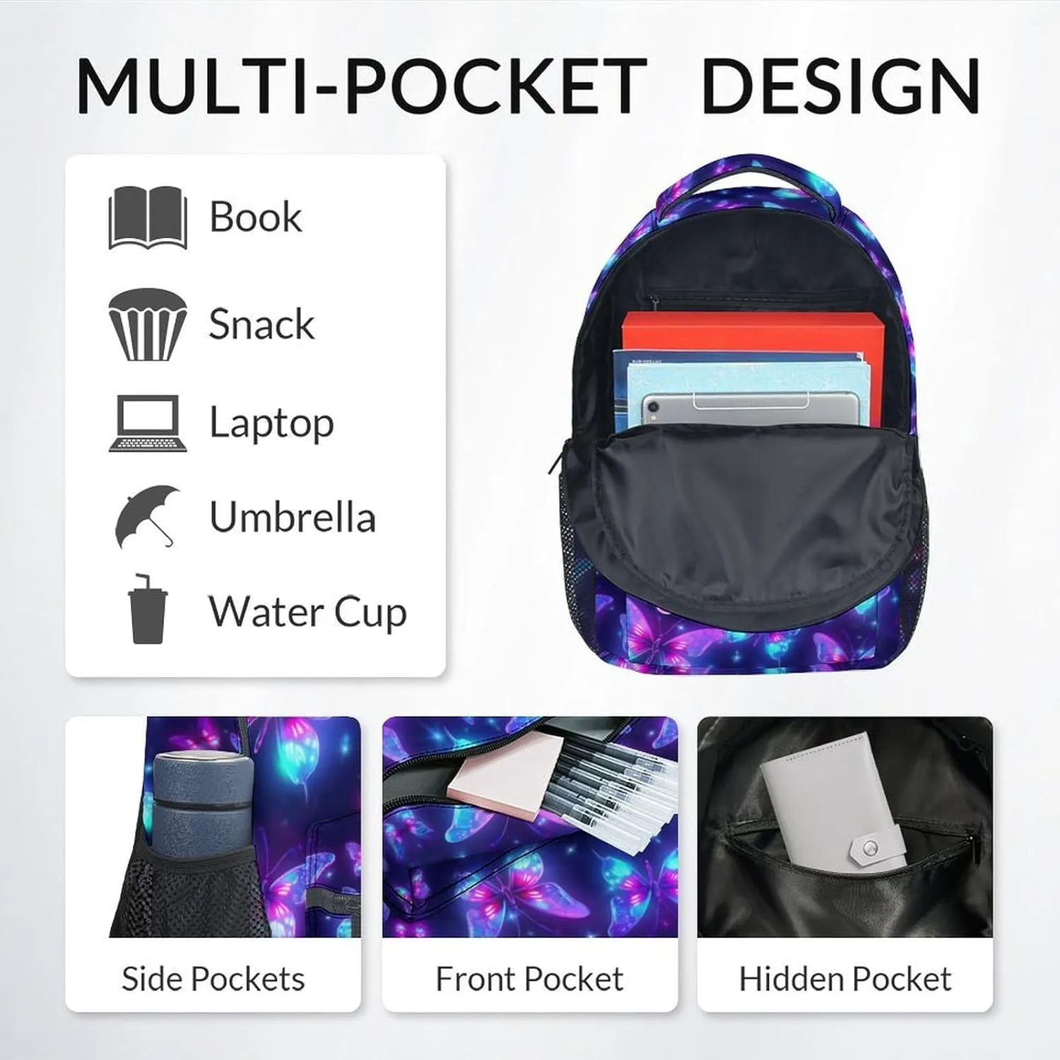 Mercuryelf Bookbag for Girls - Custom Kid Backpack for School, Travel and Camp - 17 Inch Lightweight Durable Butterfly Backpack for Primary Middle