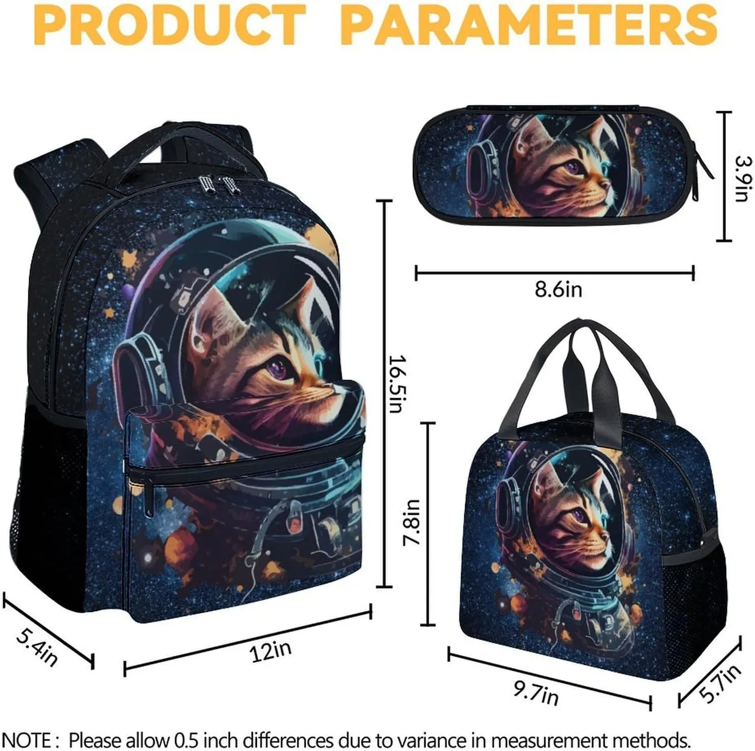 Mercuryelf Cats Space Astronaut Boys Backpack with Lunch Box Set, 3 in 1 School Travel Backpacks Matching Combo, Colorful Cool Bookbag and Pencil Case Bundle