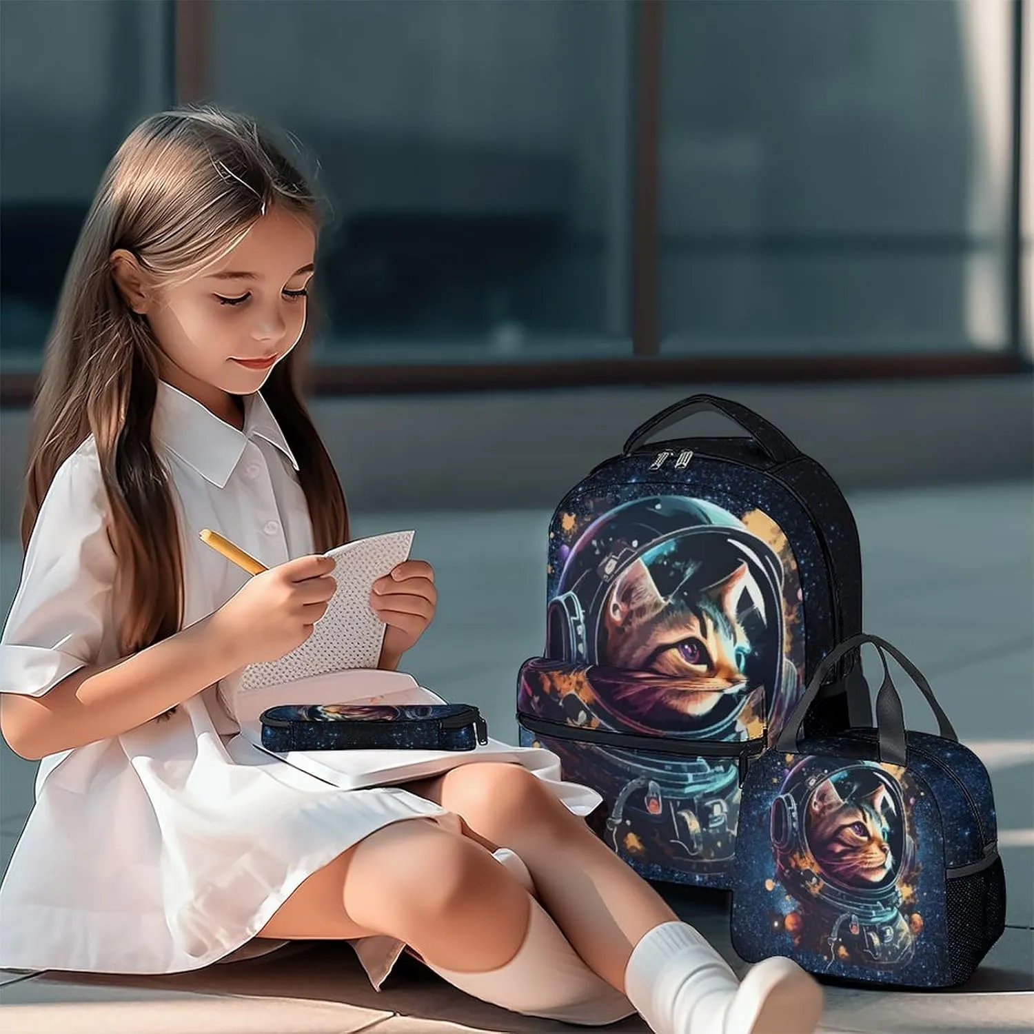 Mercuryelf Cats Space Astronaut Boys Backpack with Lunch Box Set, 3 in 1 School Travel Backpacks Matching Combo, Colorful Cool Bookbag and Pencil Case Bundle