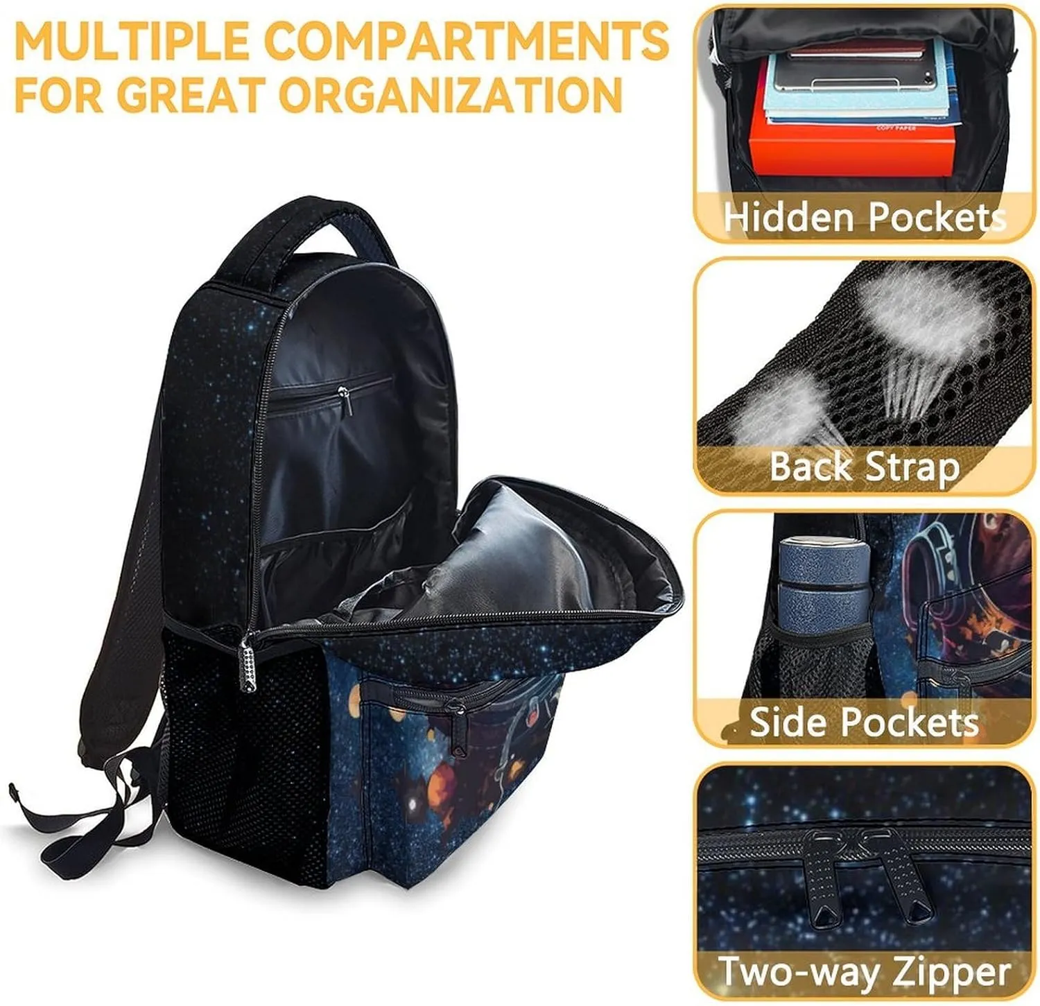 Mercuryelf Cats Space Astronaut Boys Backpack with Lunch Box Set, 3 in 1 School Travel Backpacks Matching Combo, Colorful Cool Bookbag and Pencil Case Bundle