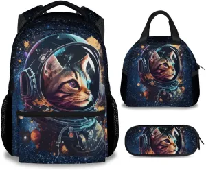 Mercuryelf Cats Space Astronaut Boys Backpack with Lunch Box Set, 3 in 1 School Travel Backpacks Matching Combo, Colorful Cool Bookbag and Pencil Case Bundle