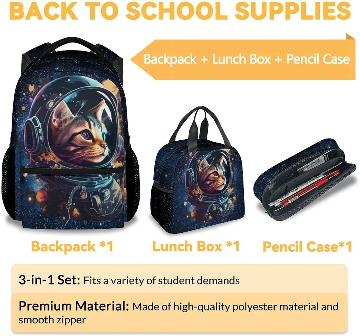 Mercuryelf Cats Space Astronaut Boys Backpack with Lunch Box Set, 3 in 1 School Travel Backpacks Matching Combo, Colorful Cool Bookbag and Pencil Case Bundle