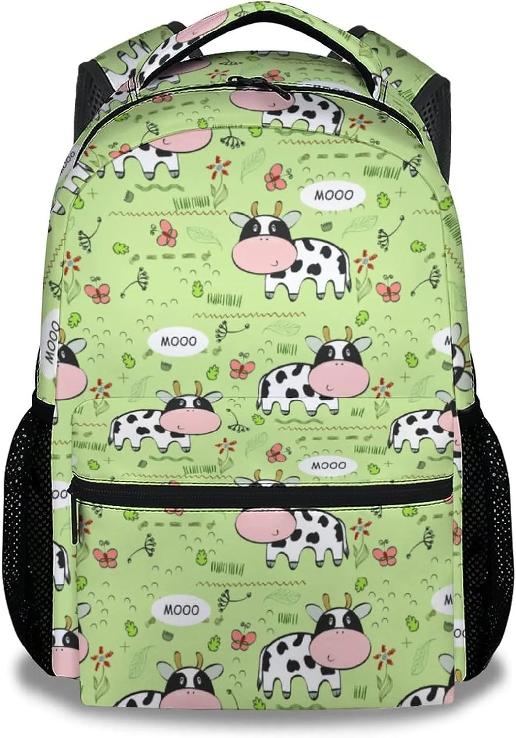Mercuryelf Cow Backpack for Girls Boys, 16 Inch Green Backpacks for School Travel, Cute Lightweight Bookbag for Kids