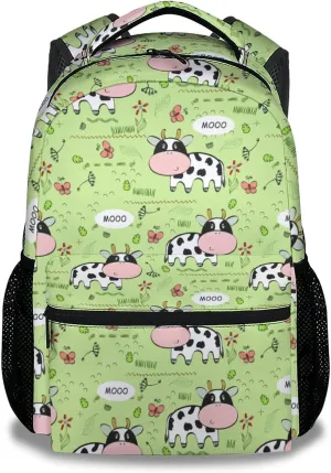 Mercuryelf Cow Backpack for Girls Boys, 16 Inch Green Backpacks for School Travel, Cute Lightweight Bookbag for Kids