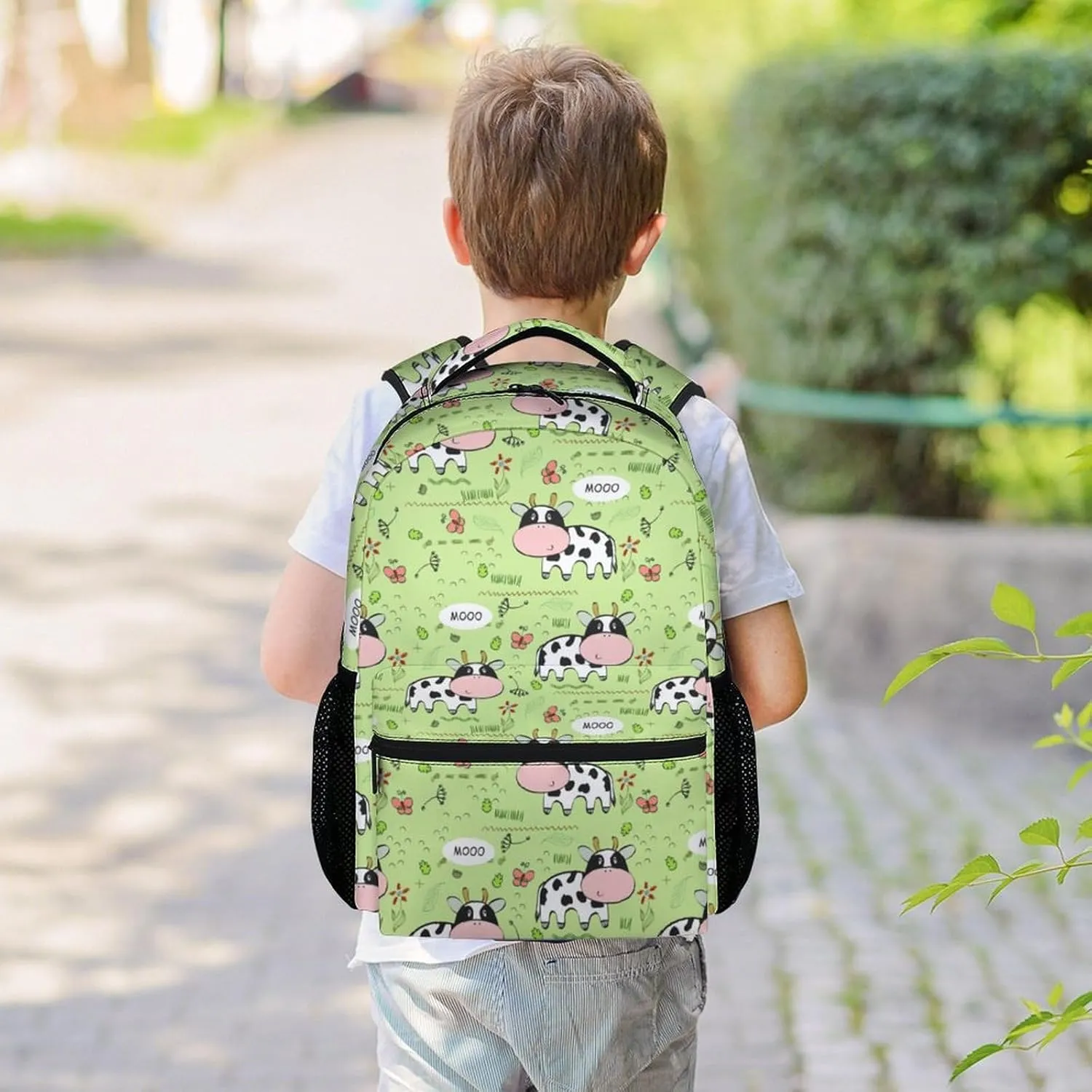Mercuryelf Cow Backpack for Girls Boys, 16 Inch Green Backpacks for School Travel, Cute Lightweight Bookbag for Kids