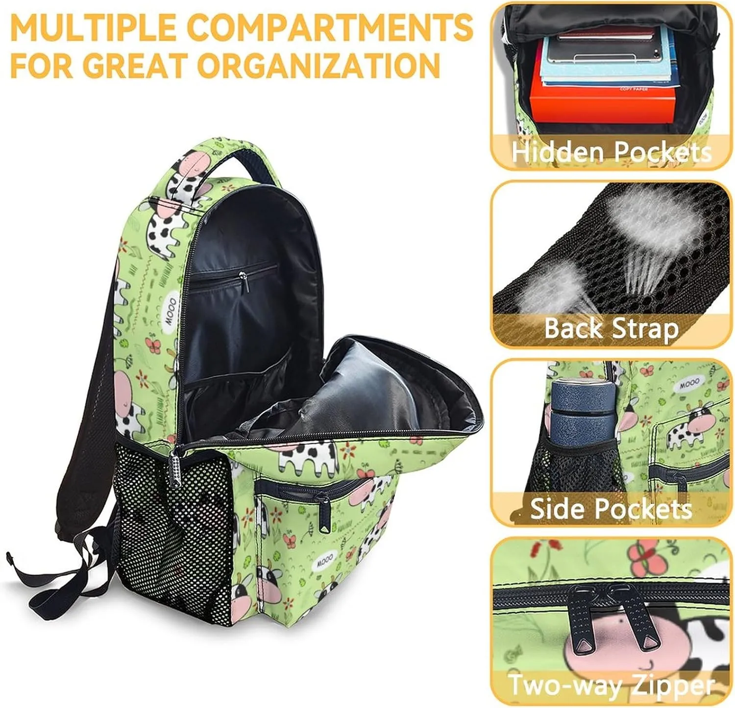 Mercuryelf Cow Backpack for Girls Boys, 16 Inch Green Backpacks for School Travel, Cute Lightweight Bookbag for Kids