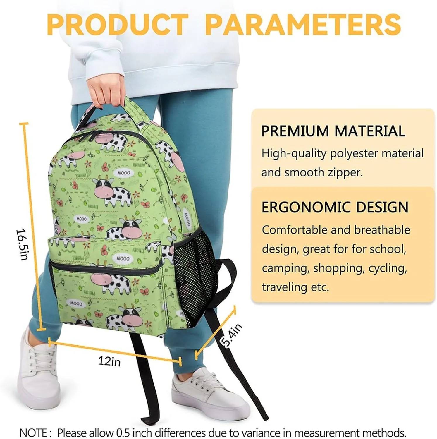 Mercuryelf Cow Backpack for Girls Boys, 16 Inch Green Backpacks for School Travel, Cute Lightweight Bookbag for Kids