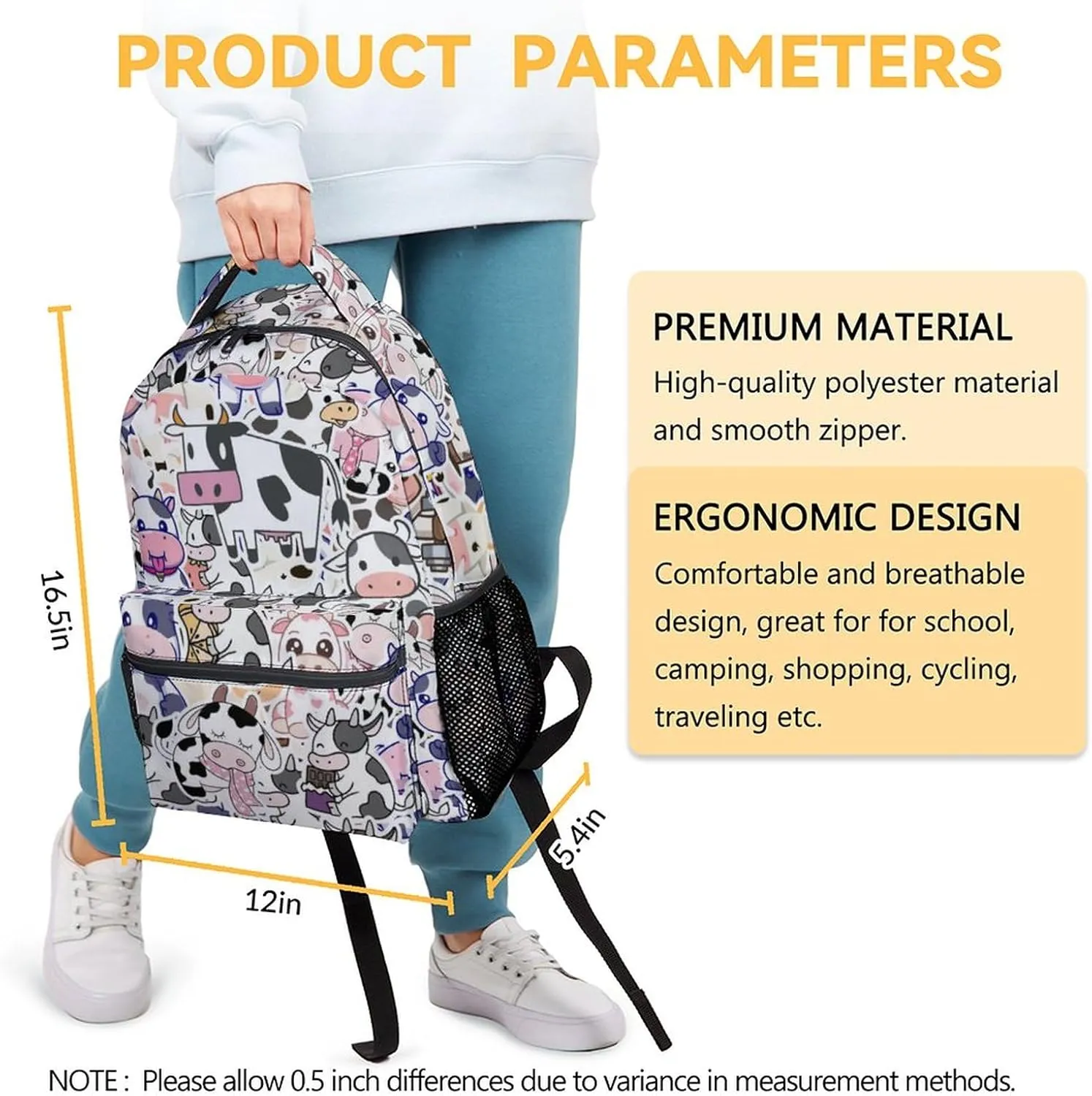 Mercuryelf Cow Backpack for Girls Boys, 16 Inch Light Backpacks for School Travel, Aesthetic Lightweight Bookbag for Kids