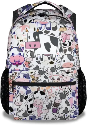 Mercuryelf Cow Backpack for Girls Boys, 16 Inch Light Backpacks for School Travel, Aesthetic Lightweight Bookbag for Kids