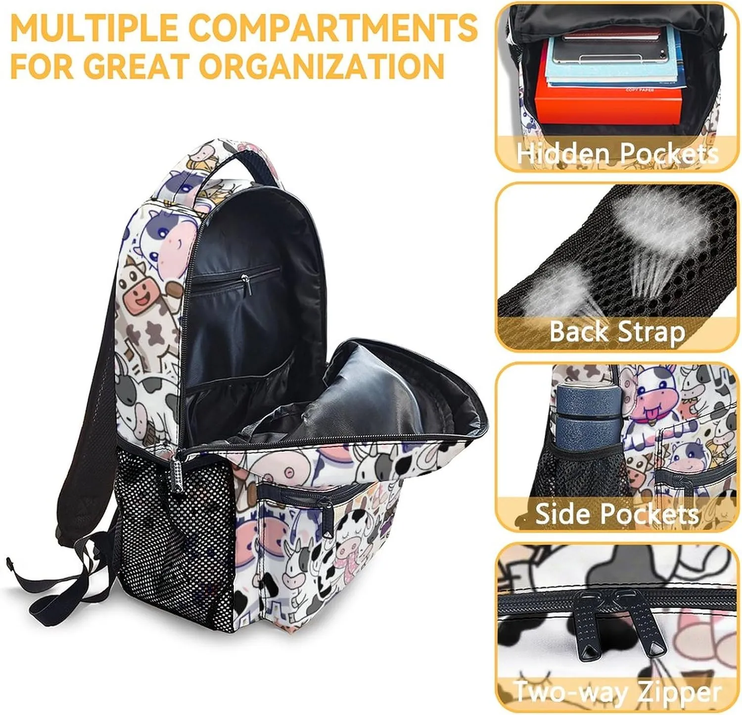 Mercuryelf Cow Backpack for Girls Boys, 16 Inch Light Backpacks for School Travel, Aesthetic Lightweight Bookbag for Kids