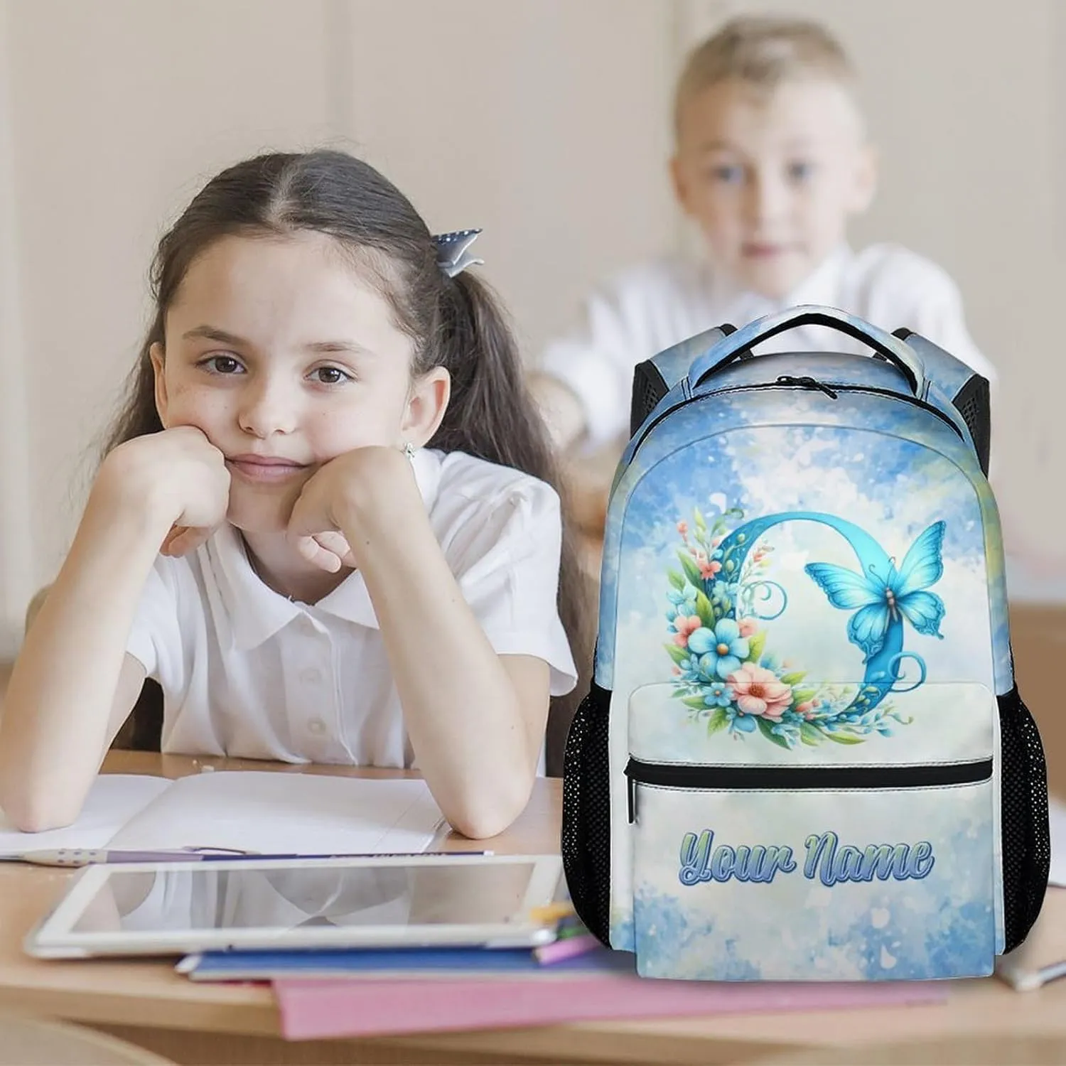 Mercuryelf Girls Bag for School - Personalized Cute Initials Kid Backpack for Primary Middle - 17 Inch Bookbag for Teens