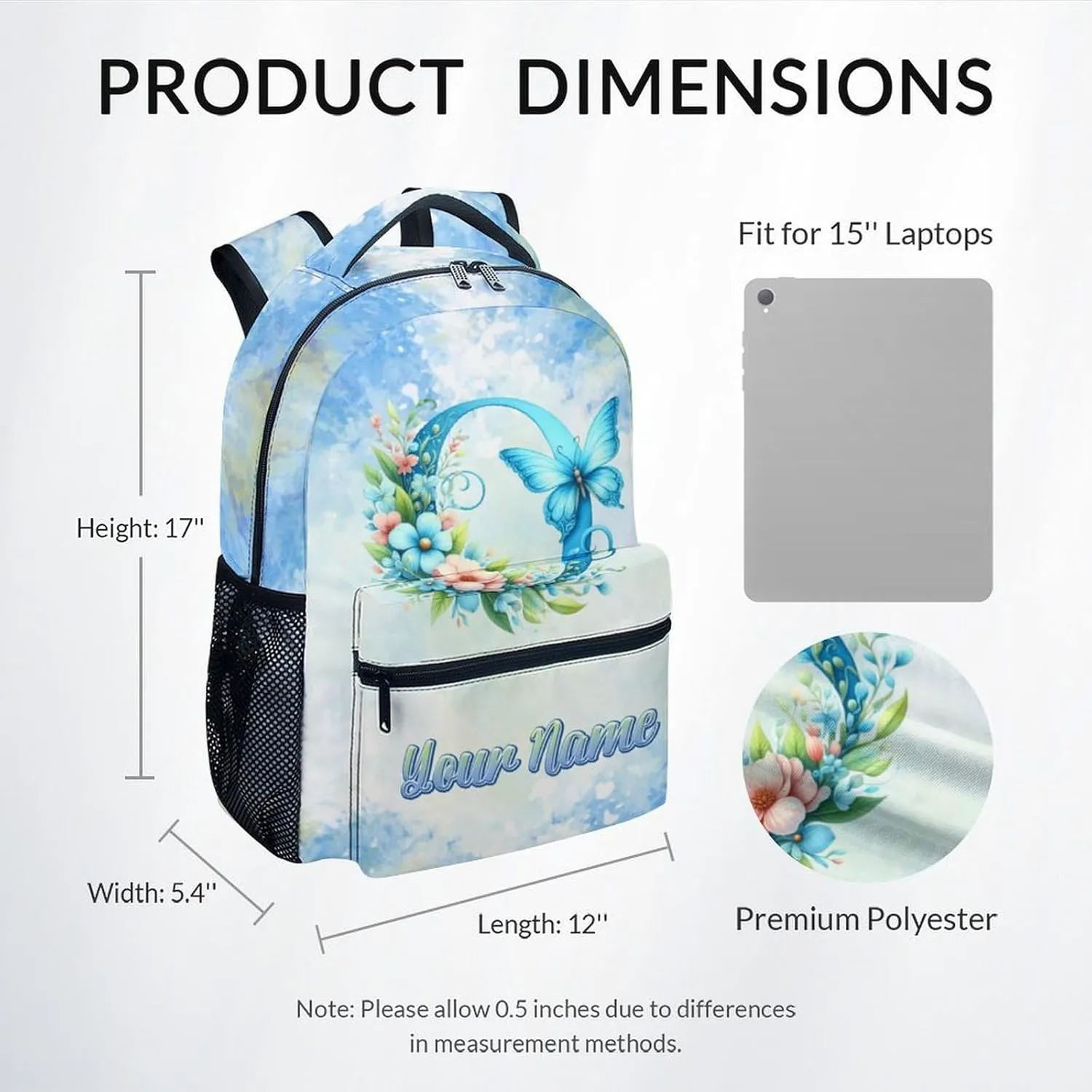 Mercuryelf Girls Bag for School - Personalized Cute Initials Kid Backpack for Primary Middle - 17 Inch Bookbag for Teens