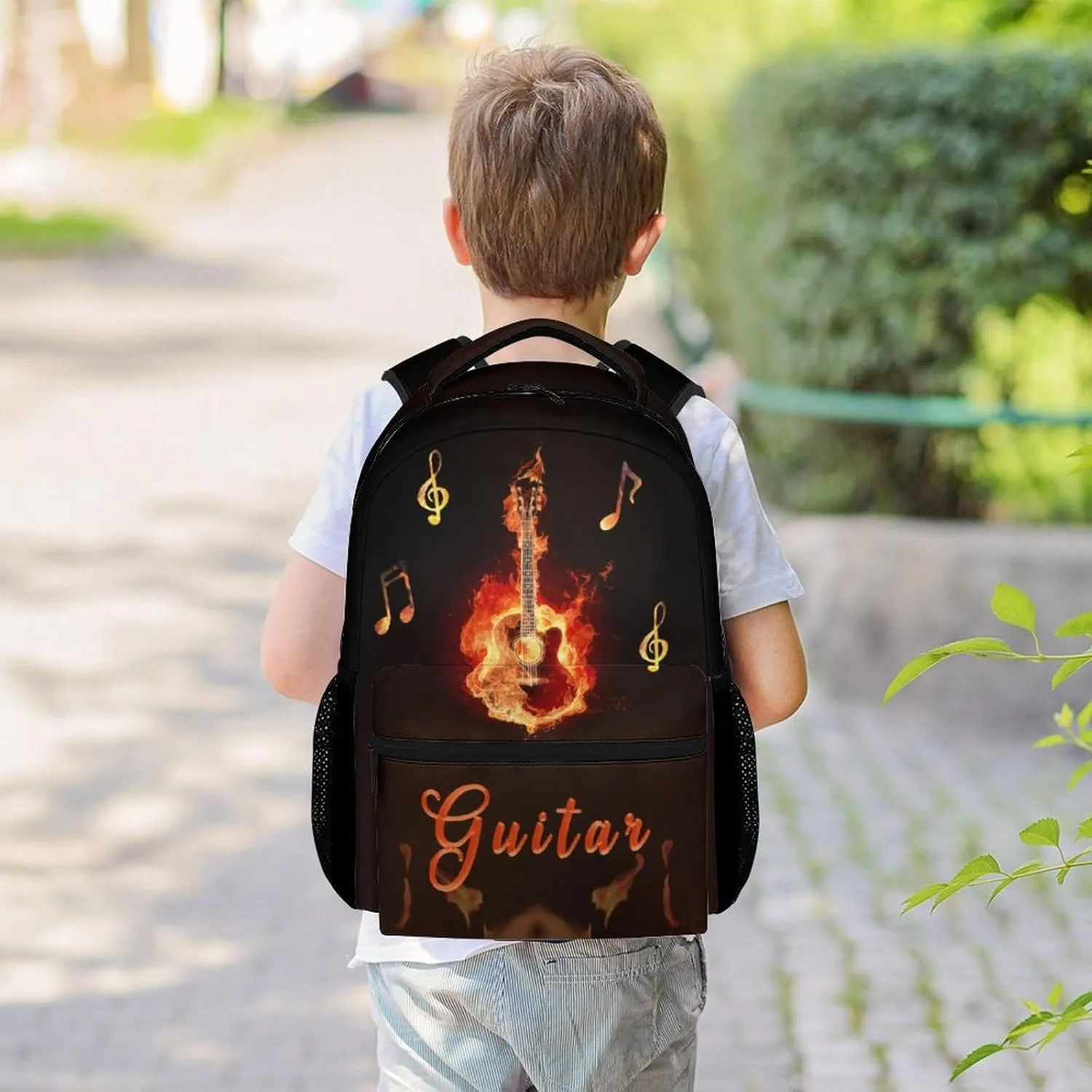 Mercuryelf Guitar Backpack for Girls & Boys - 16 Inch Black Flame Backpacks for School - Cool Lightweight Bookbag for Kids