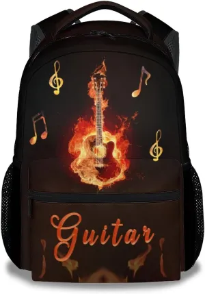 Mercuryelf Guitar Backpack for Girls & Boys - 16 Inch Black Flame Backpacks for School - Cool Lightweight Bookbag for Kids