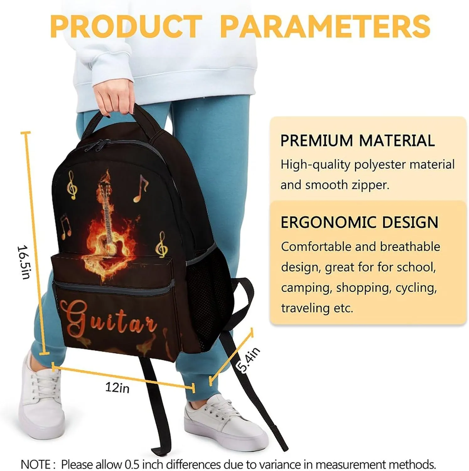 Mercuryelf Guitar Backpack for Girls & Boys - 16 Inch Black Flame Backpacks for School - Cool Lightweight Bookbag for Kids