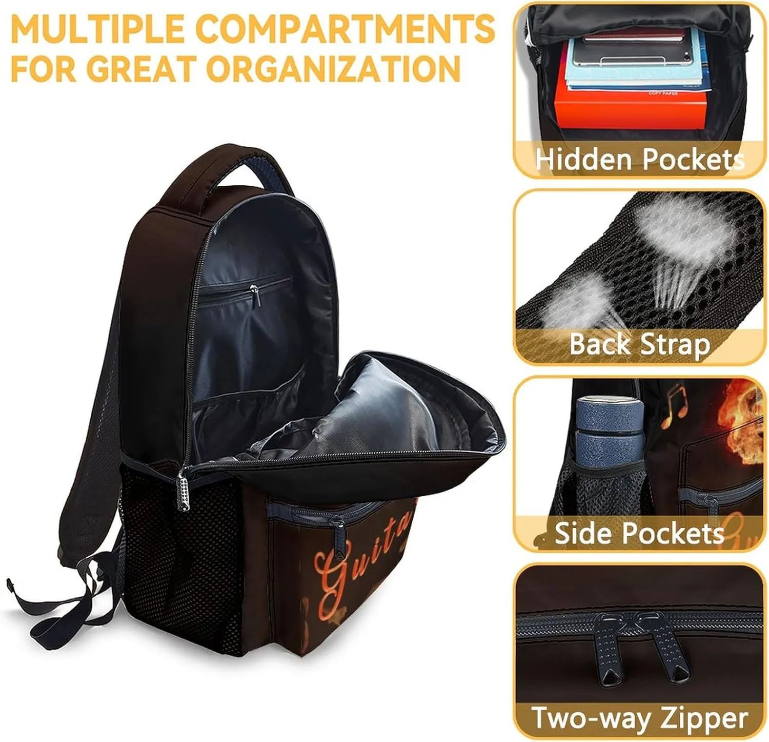 Mercuryelf Guitar Backpack for Girls & Boys - 16 Inch Black Flame Backpacks for School - Cool Lightweight Bookbag for Kids
