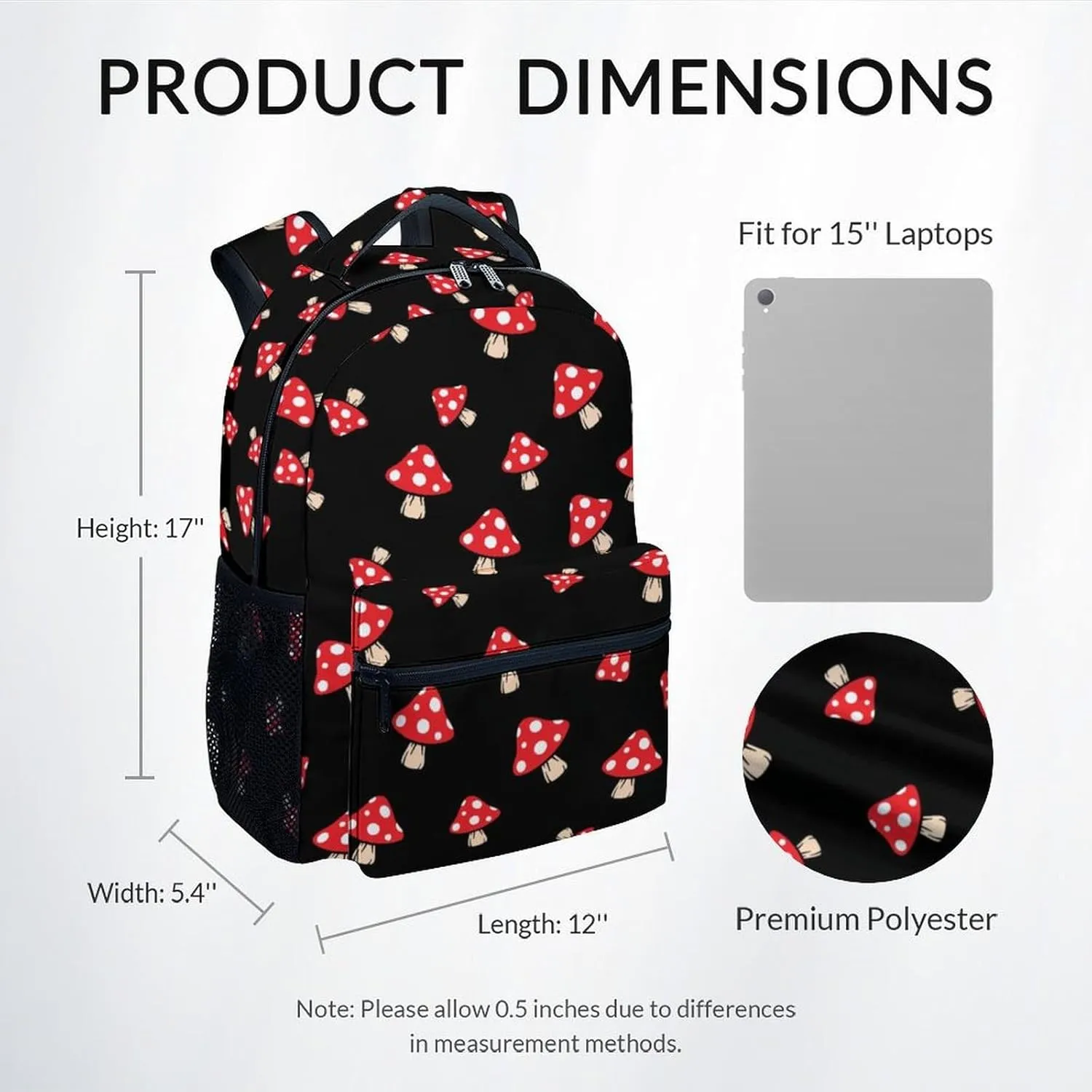Mercuryelf Kid Backpack for Girls - 17 Inch Black Lightweight Durable Kid Backpack - Large Capacity Mushroom Bookbag for School, Travel and Camp