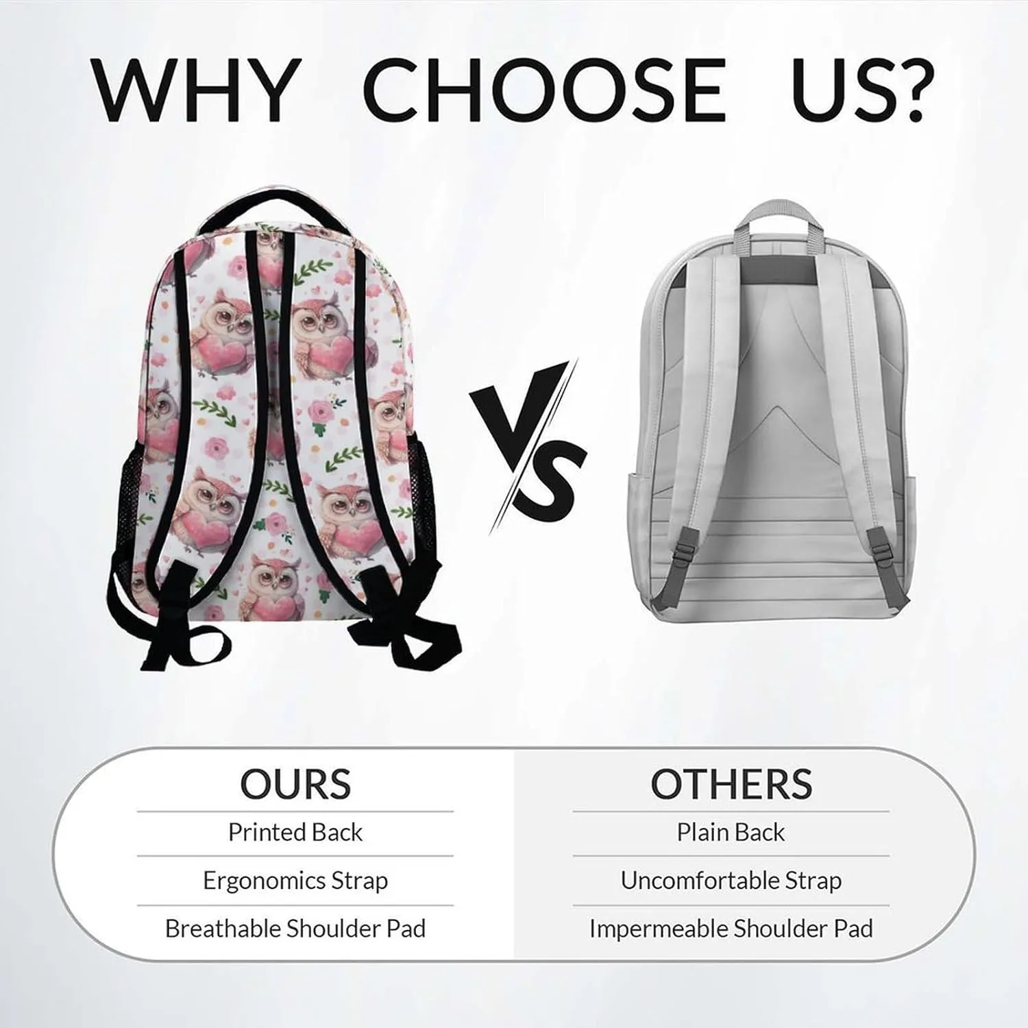 Mercuryelf Kid Backpack for Girls - 17 Inch Custom White Lightweight Durable Kid Backpack - Large Capacity Owl Bookbag for School, Travel and Camp