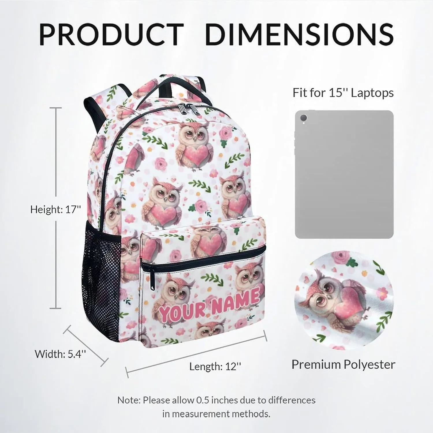 Mercuryelf Kid Backpack for Girls - 17 Inch Custom White Lightweight Durable Kid Backpack - Large Capacity Owl Bookbag for School, Travel and Camp